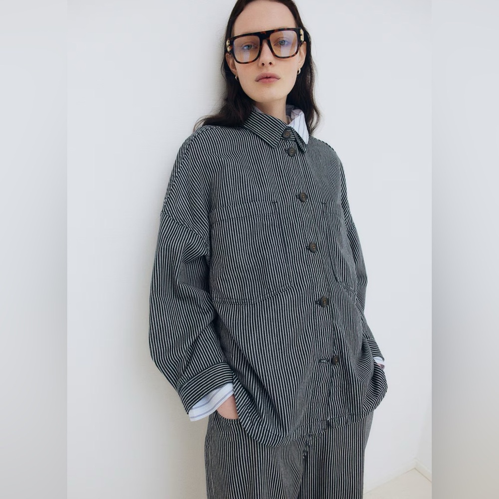 H&M Oversized Railroad Stripe Blue Shacket Jacket Small